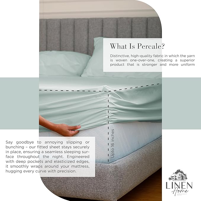 Linen Home 100% Cotton Percale Sheets Queen Size, Pastel Turk, Deep Pocket - Image 4