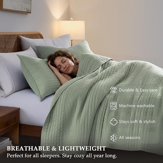 palassio Striped Sage Green 100% Cotton Quilt King Size Bedding Sets, - Image 5
