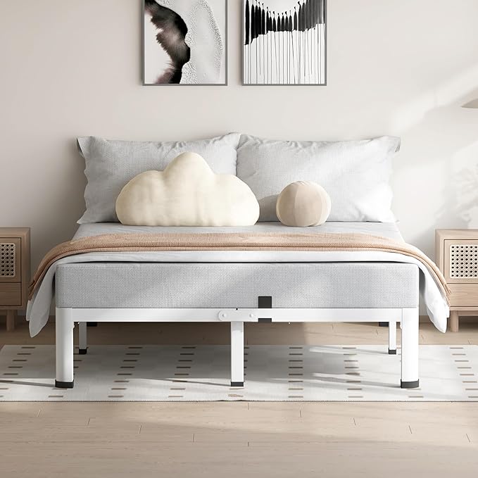 10 Inch White Queen Bed Frame, 3500Lbs Heavy Duty Metal Platform with Round Corner Legs Mattress Slide Stopper, Steel Slat Support No Box Spring Needed, Noise Free, Non-Slip, Easy Assembly