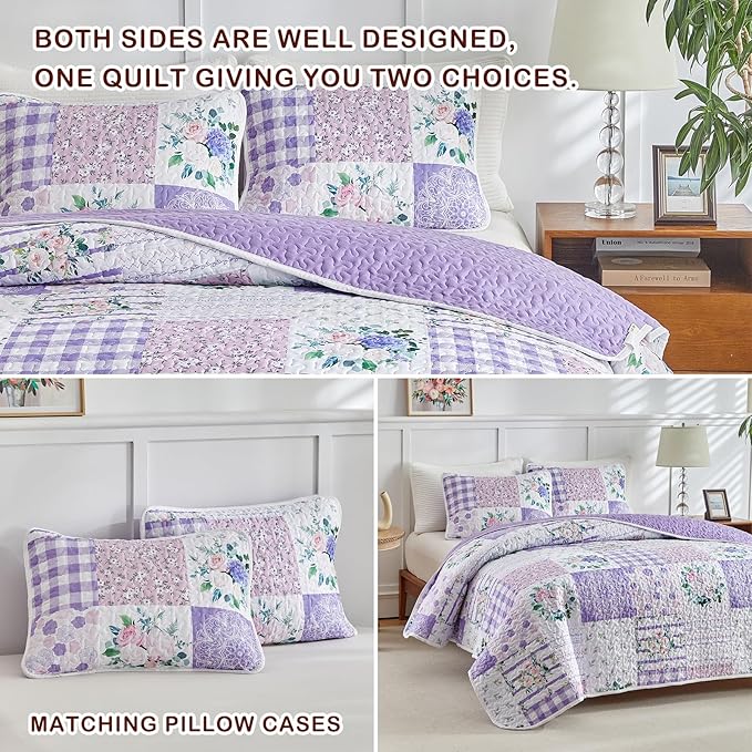 Joyreap 3 Pieces Floral Quilt Set Queen, Patchwork Purple n Pink Flowers Design - Image 5