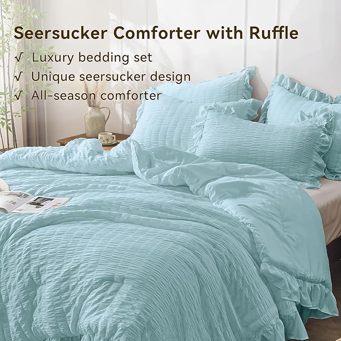 JOLLYVOGUE Blue Comforter Full Size, 3 Pieces Seersucker Lightweight Full Size - Image 3