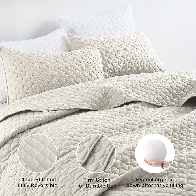 HORIMOTE HOME Quilt Set Queen Size Beige Bedspread, Modern Style Quilted Clouds - Image 4