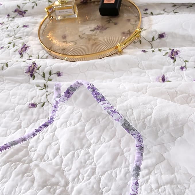 Quilt Set Purple Floral 3D Embroidery Pattern 2 PCS 100% Cotton Reversible - Image 5