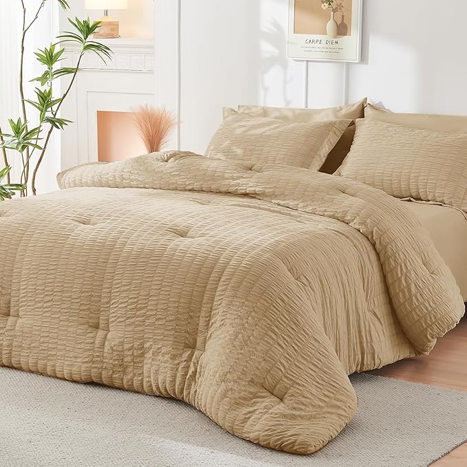 HYMOKEGE Khaki King Size Comforter Set Seersucker 7 Pieces, All Season Luxury - Image 8