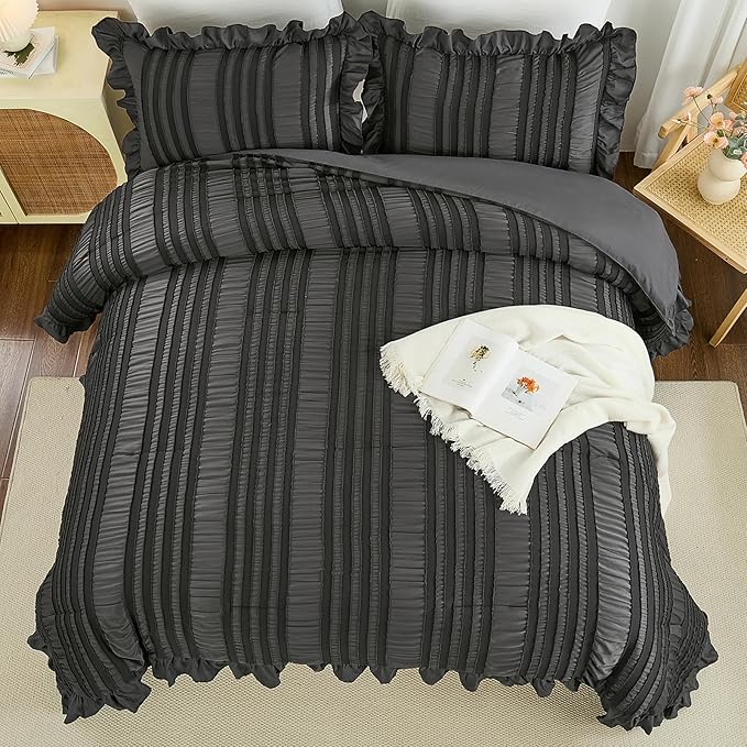 WONGS BEDDING Queen Comforter Set, Dark Grey Boho Comforter Set Queen, Shabby - Image 5