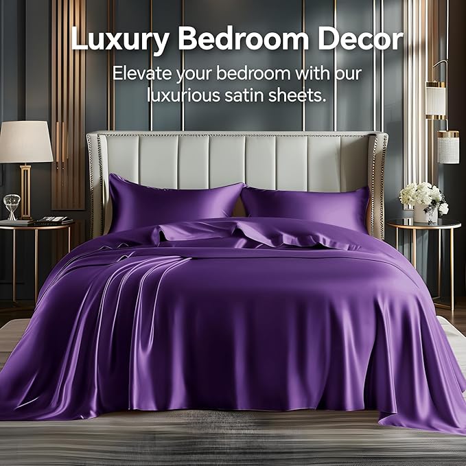 BEDELITE California King Sheets Set, Luxury Soft Plum Purple Satin Sheets - Image 2