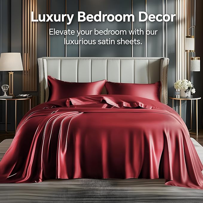 BEDELITE Satin Sheets Twin XL Size Bed Set, Luxury Soft Burgundy Silky Sheets - Image 2