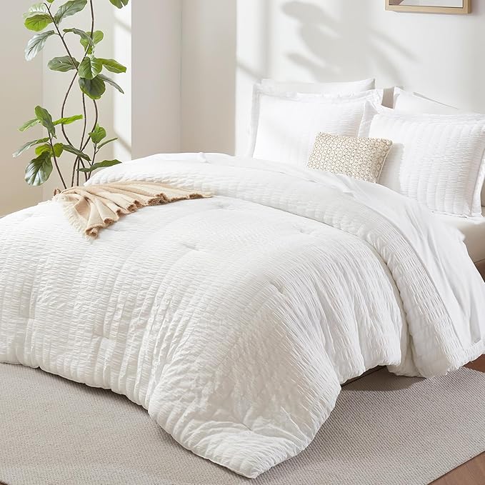 CozyLux Queen Comforter Set White Seersucker 7 Pieces Bed in a Bag Queen by CozyLux