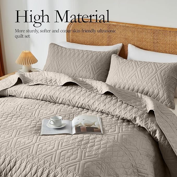 akkialla Full/Queen Quilt Set, Taupe Lightweight Microfiber Bedspread Coverlet - Image 4