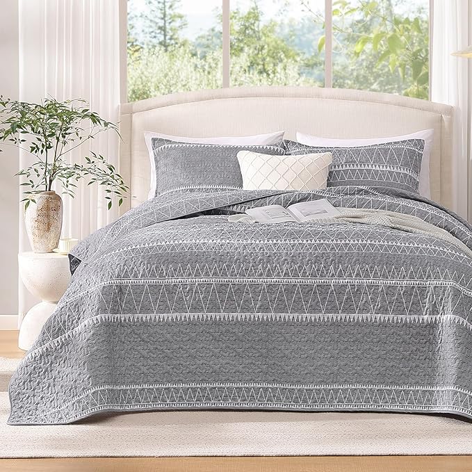 Andency Quilts Queen Size Grey, 3 Pieces Queen Quilt Bedding Set Boho by Andency