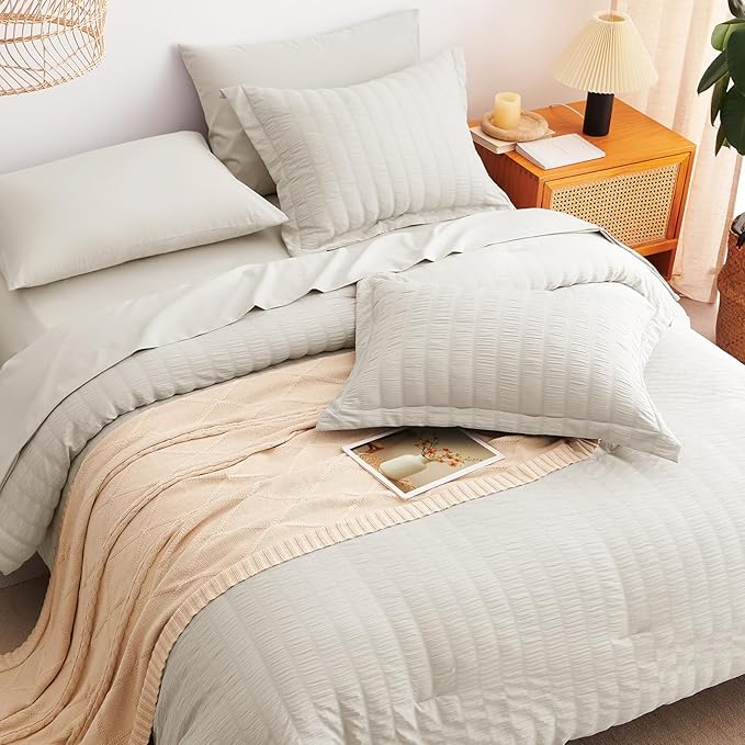 CozyLux King Size Comforter Set Beige Seersucker 7 Pieces Bed in a Bag King - Image 8