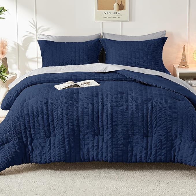 HYMOKEGE Navy Blue/Light Grey California King Comforter Set Seersucker 7 Pieces - Image 7