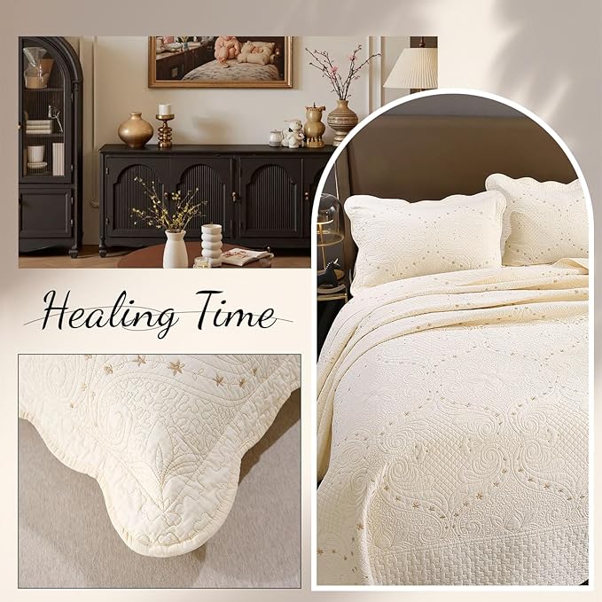 ROOMLIFE Quilt Set Full Size 3D Floral Embroidery Pattern 3-Piece Cotton - Image 6
