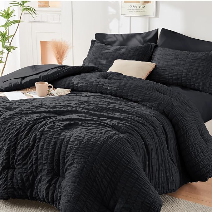 HYMOKEGE Black California King Comforter Set Seersucker 7 Pieces, All Season by HYMOKEGE