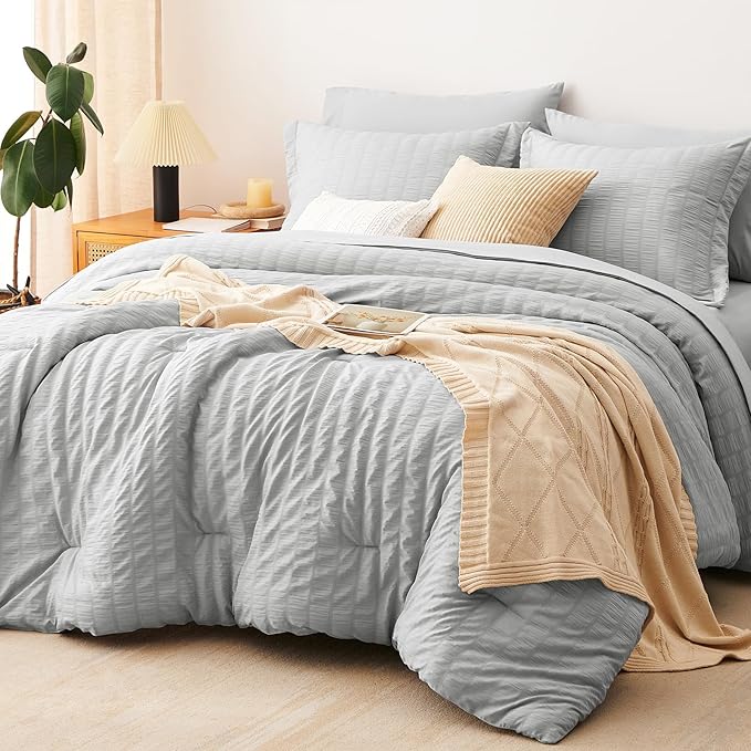 CozyLux Queen Comforter Set Light Grey Seersucker 7 Pieces Bed in a Bag Queen by CozyLux