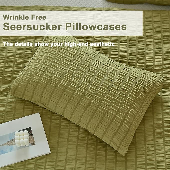 AveLom Olive Green Seersucker Duvet Cover Set Queen Size, 3 Pieces, Ultra Soft - Image 6