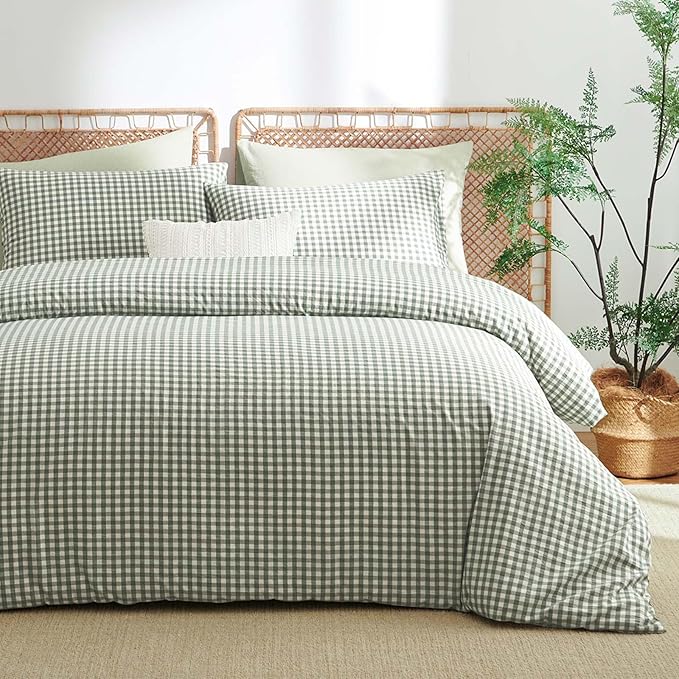 Nayoroom Gingham Duvet Cover King Size 100% Washed Cotton Green Plaid Checkered - Image 5