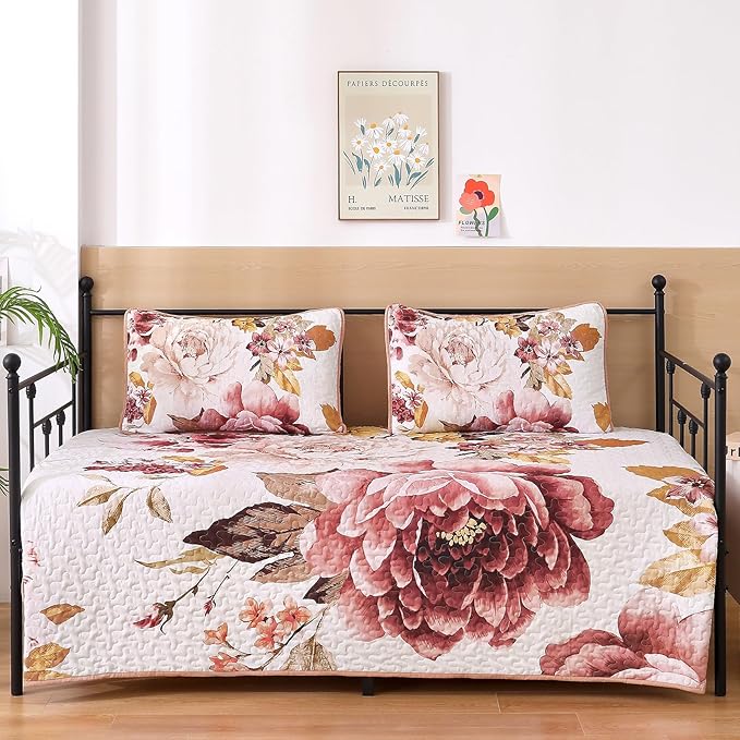 WONGS BEDDING Blush Floral Quilt Set Queen, Elegant Flower Bedspread Coverlet - Image 7