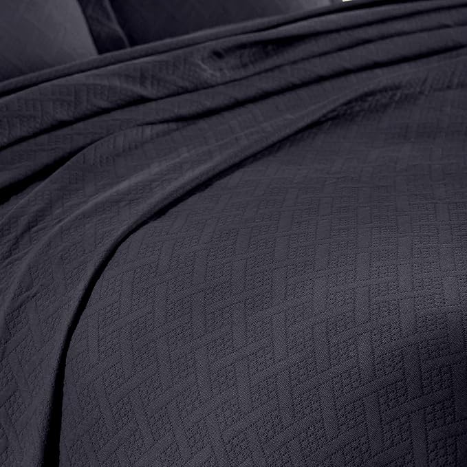 Superior 2 Piece Basketweave Cotton Bedspread Set, Home Bed Decor, Decorative Bed Spread, 1 Pillow Sham, Medium Weight Blanket, Matelasse Coverlet Bedding, Geometric Lattice Pattern, Twin, Navy Blue