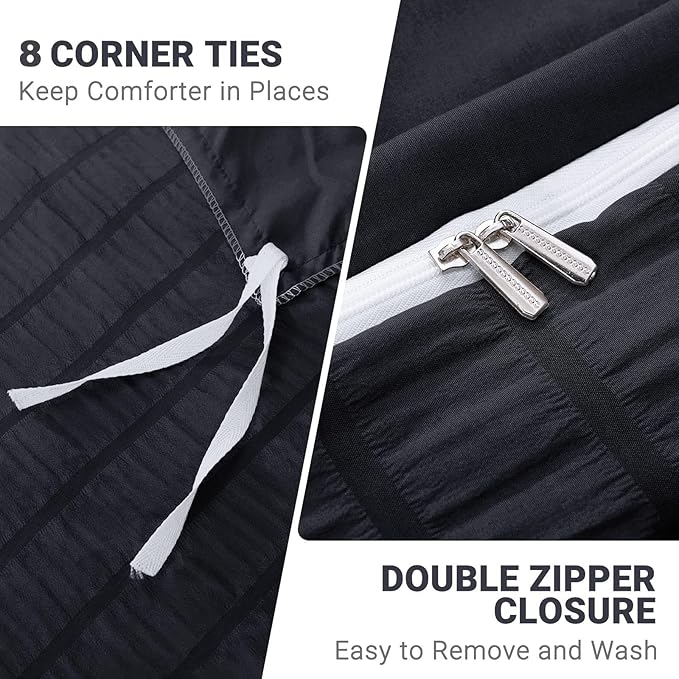 HYMOKEGE Black Duvet Cover Queen Size, Ultra Soft 3-Piece Seersucker Duvet - Image 5