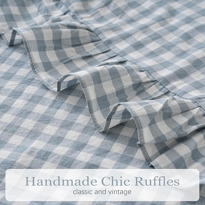 Blue White Plaid Ruffled Body Pillow Sham Washed Cotton Shabby Checkered - Image 7