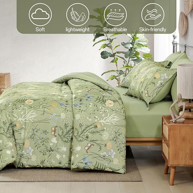 Yiran Sage Green Floral Comforter Set King Size, 7 Piece Botanical Comforter - Image 6