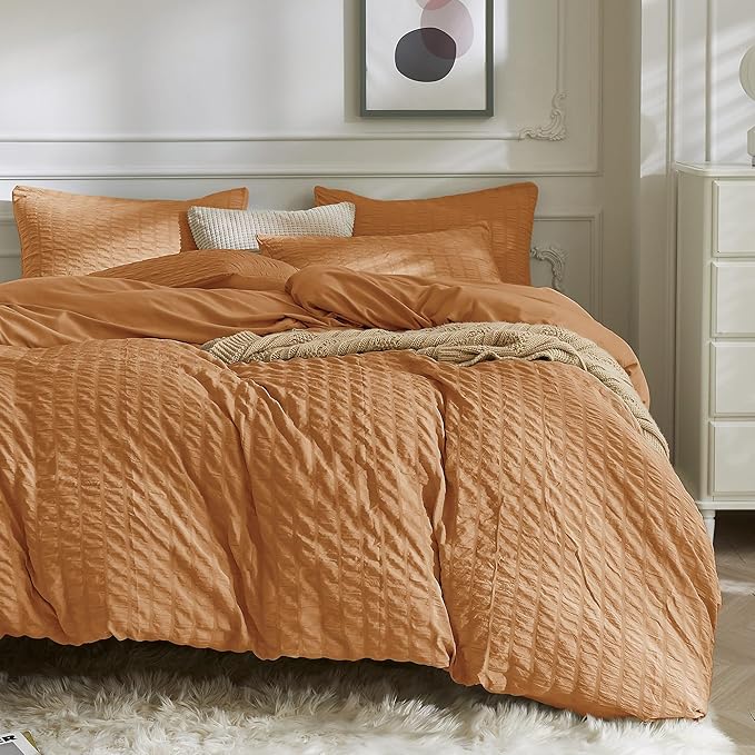 JELLYMONI Burnt Orange Duvet Cover King Size, Soft Breathable Seersucker Duvet by JELLYMONI