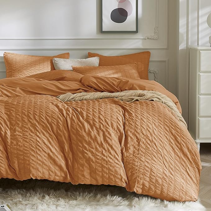 JELLYMONI Burnt Orange Duvet Cover Queen Size, Soft Breathable Seersucker Duvet by JELLYMONI