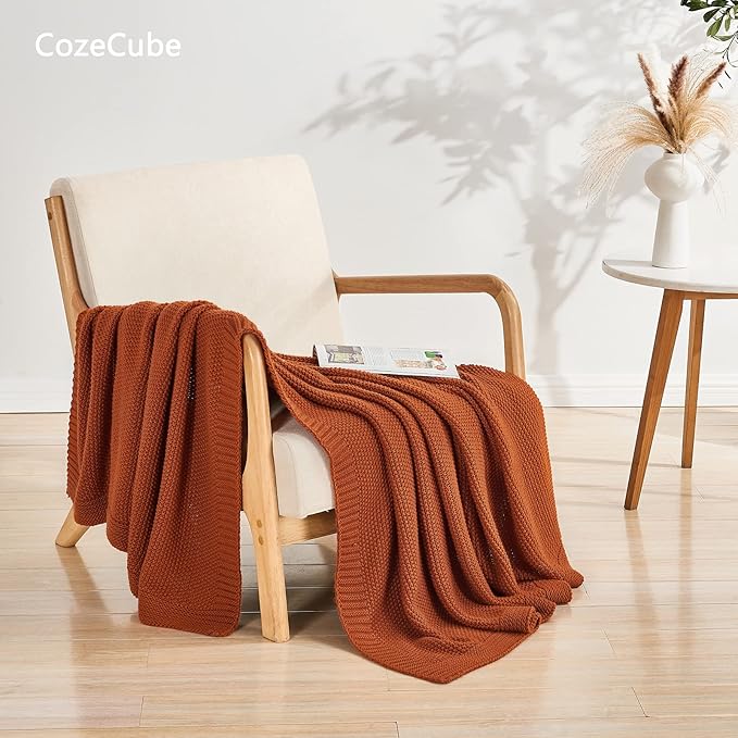 CozeCube Orange Throw Blanket for Couch, Soft Cozy Cable Knit Throw for Bed Sofa Living Room, Lightweight Warm Decorative Farmhouse Christmas Blanket, 60"x80", Burnt Orange