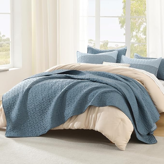 Litanika Quilt King Size Blue Linen, Stripe Patchwork Summer Bedspread Coverlet by Litanika