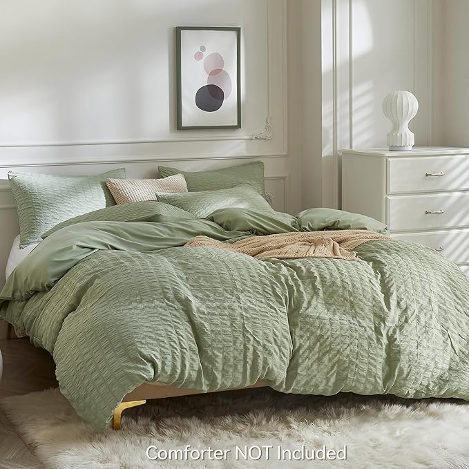 JELLYMONI Light Green Duvet Cover Full Size, Soft Breathable Seersucker Duvet - Image 3