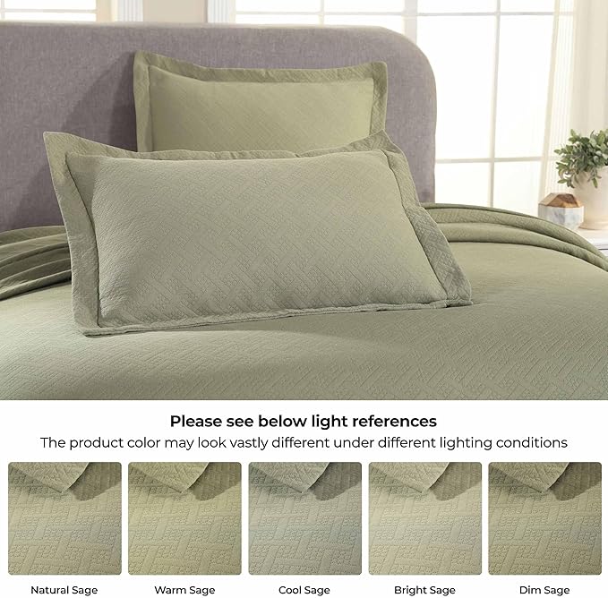 Superior 3 Piece Basketweave Cotton Bedspread Set, Home Bed Decor, Decorative Bed Spread, 2 Pillow Shams, Medium Weight Blanket, Matelasse Coverlet Bedding, Geometric Lattice Pattern, Queen, Sage
