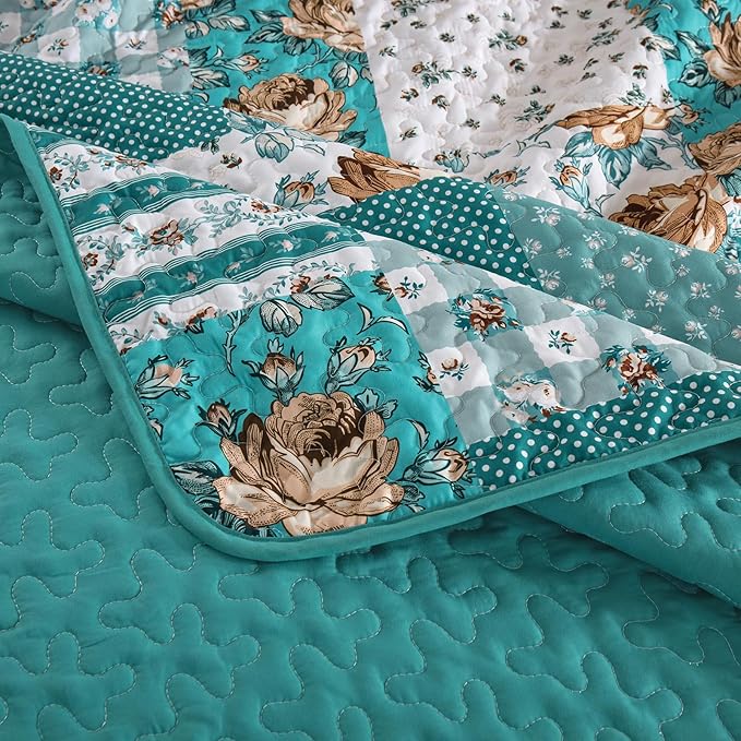 Anibedding Teal Quilt Set Queen Size Patchwork Floral Bedspread Coverlet - Image 8