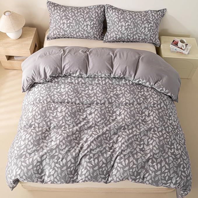 OAITE Grey Fallen Leaves Twin Size Duvet Cover-3 Pieces Prewashed Cotton-Like - Image 6