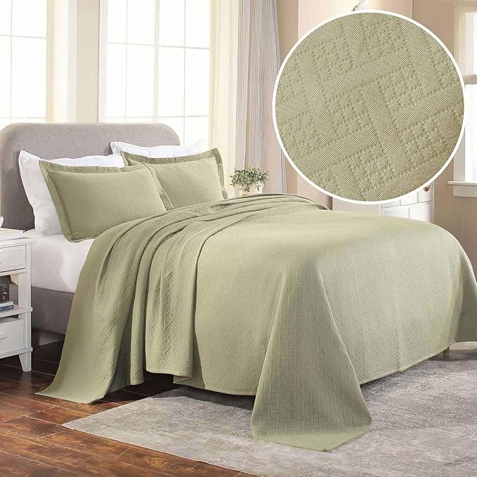 Superior 2 Piece Basketweave Cotton Bedspread Set, Home Bed Decor, Decorative Bed Spread, 1 Pillow Sham, Medium Weight Blanket, Matelasse Coverlet Bedding, Geometric Lattice Pattern, Twin, Sage