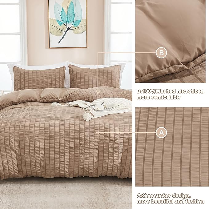 AveLom Taupe Duvet Cover King, 3 Pieces, Seersucker Striped Soft Washed - Image 5