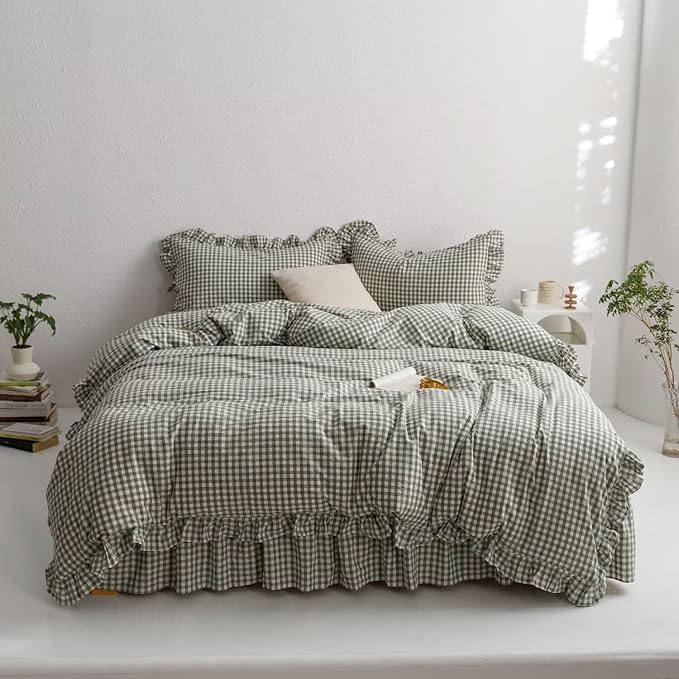 mixinni Green Gingham Ruffle Duvet Cover Queen Size 3 Pieces – 100% Washed - Image 3