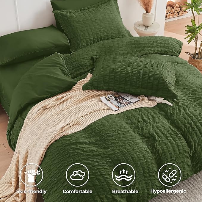 HYMOKEGE Olive Green Twin XL Comforter Set Seersucker 5 Pieces, All Season - Image 3
