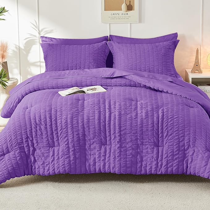 HYMOKEGE Bright Purple Twin XL Comforter Set Seersucker 5 Pieces, All Season - Image 9