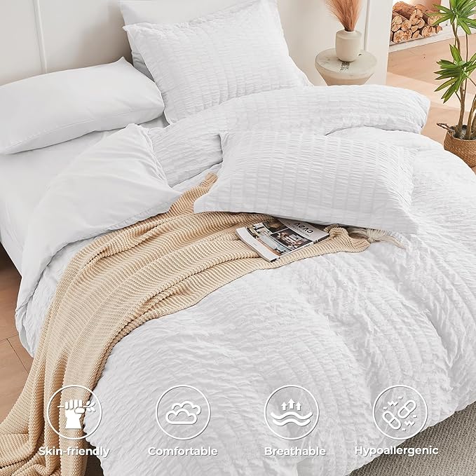 HYMOKEGE White Twin XL Comforter Set Seersucker 5 Pieces, All Season Luxury Bed - Image 3