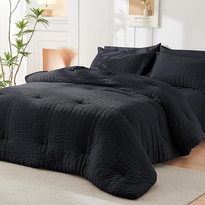 HYMOKEGE Black King Size Comforter Set Seersucker 7 Pieces, All Season Luxury - Image 8