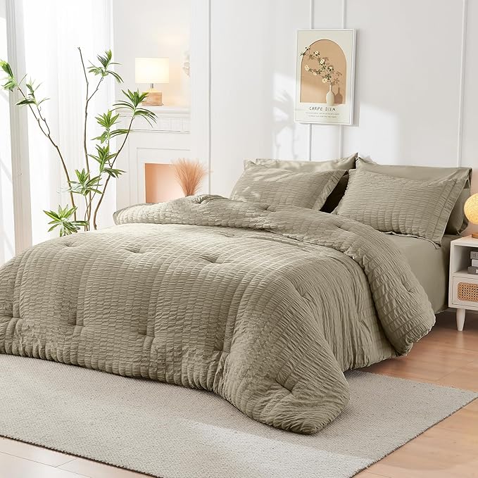 HYMOKEGE Linen Queen Comforter Set Seersucker 7 Pieces, All Season Luxury Bed - Image 8