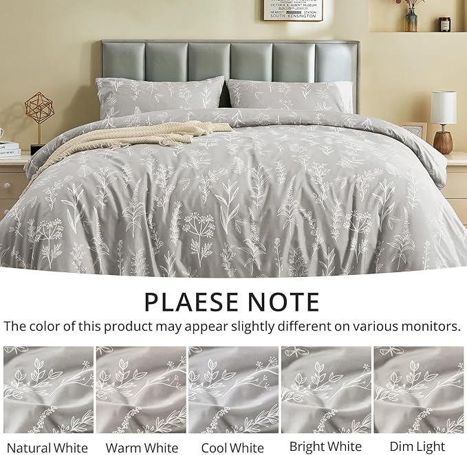MUXHOMO Duvet Cover Full Size, Reversible Floral Silver Gray Duvet Cover Set - Image 7