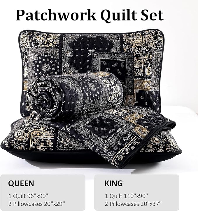 Cottolester Boho Patchwork Quilt Set King Size, Paisley Floral Bedding Set Soft - Image 8