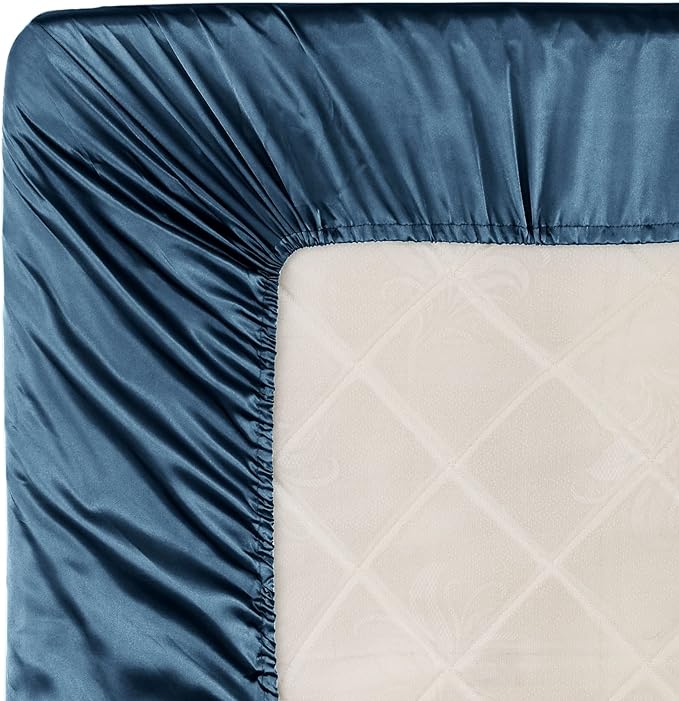 Homiest Deep Sea Blue Satin Fitted Sheet Queen Size, Deep Pocket, Luxury & - Image 6