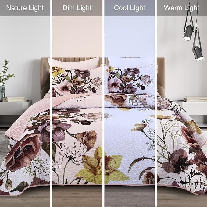 Drucon Floral Quilt Set King 3 Pieces Boho Blush Quilt Coverlet Set Soft - Image 3
