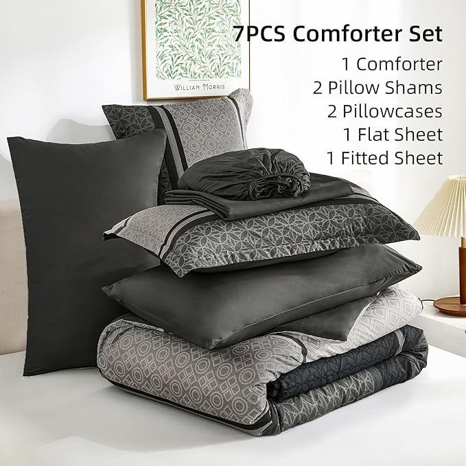 WONGS BEDDING 7 Pieces Comforter Set Queen Size, Dark Grey Black Striped Bed in - Image 7