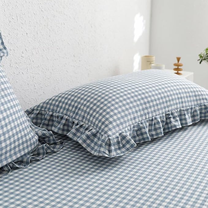 MKXI Blue and White Gingham Duvet Cover Full Size, 3-Piece Bedding Set - Image 7