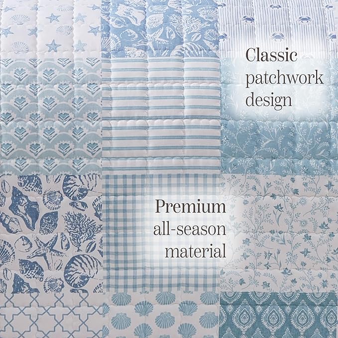 BLOOMHAVEN Quilt Set Twin Size, Patchwork Sea Blue Floral Quilt Sets, - Image 6
