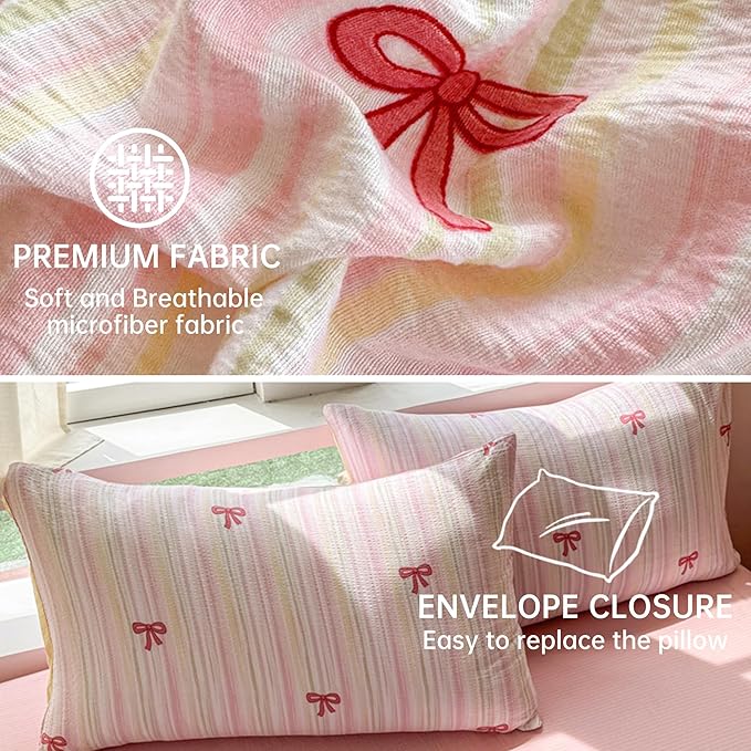 BOLINLIVING Pink Bow Duvet Cover Twin Size, Girls Kids Cute Striped Bowknot - Image 5